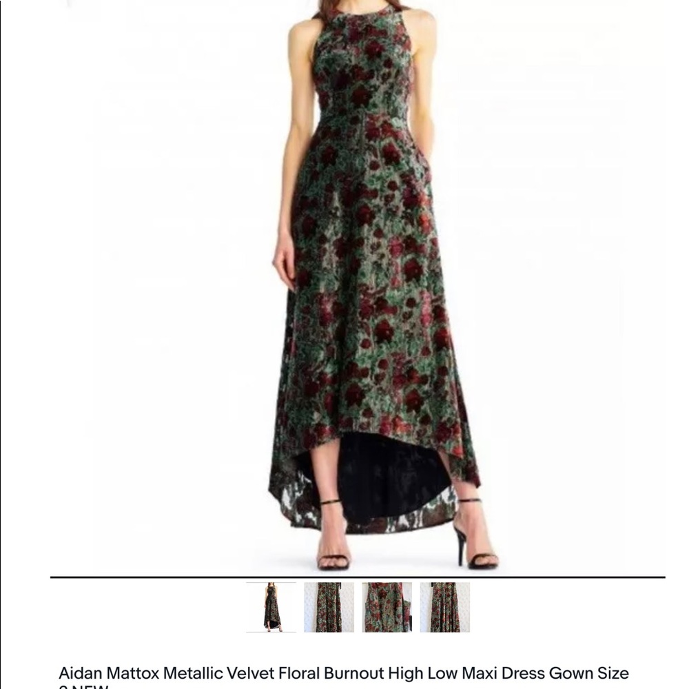 Aidan Mattox Metallic Velvet Floral Burnout High Low Maxi Dress Gown Size 2 NEW
